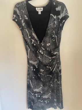 Y2K Joseph Ribkoff Black & White Newspaper Print Faux-Wrap Midi Dress